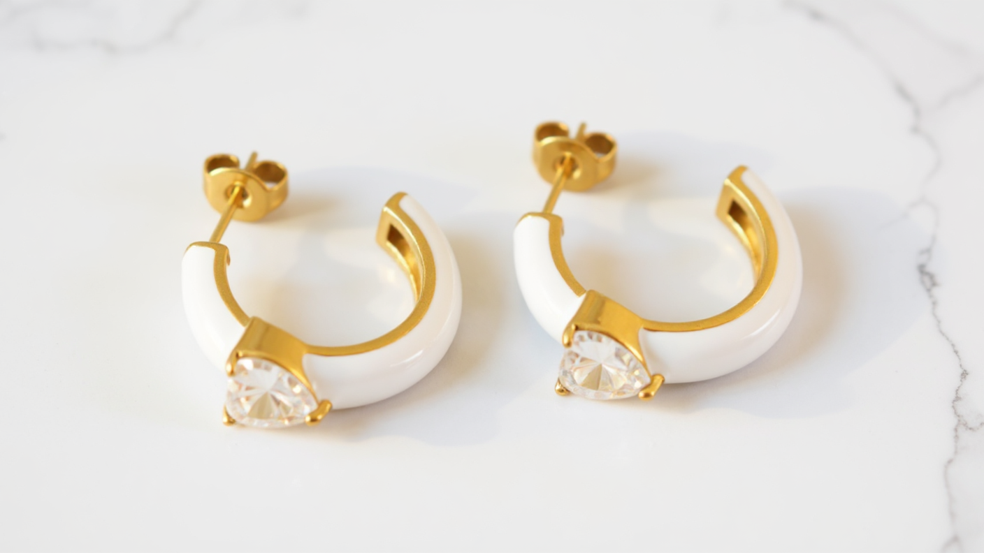 Exquisite Dazzling C Shaped With Heart Shaped Zircon Design Earrings — 18K Gold