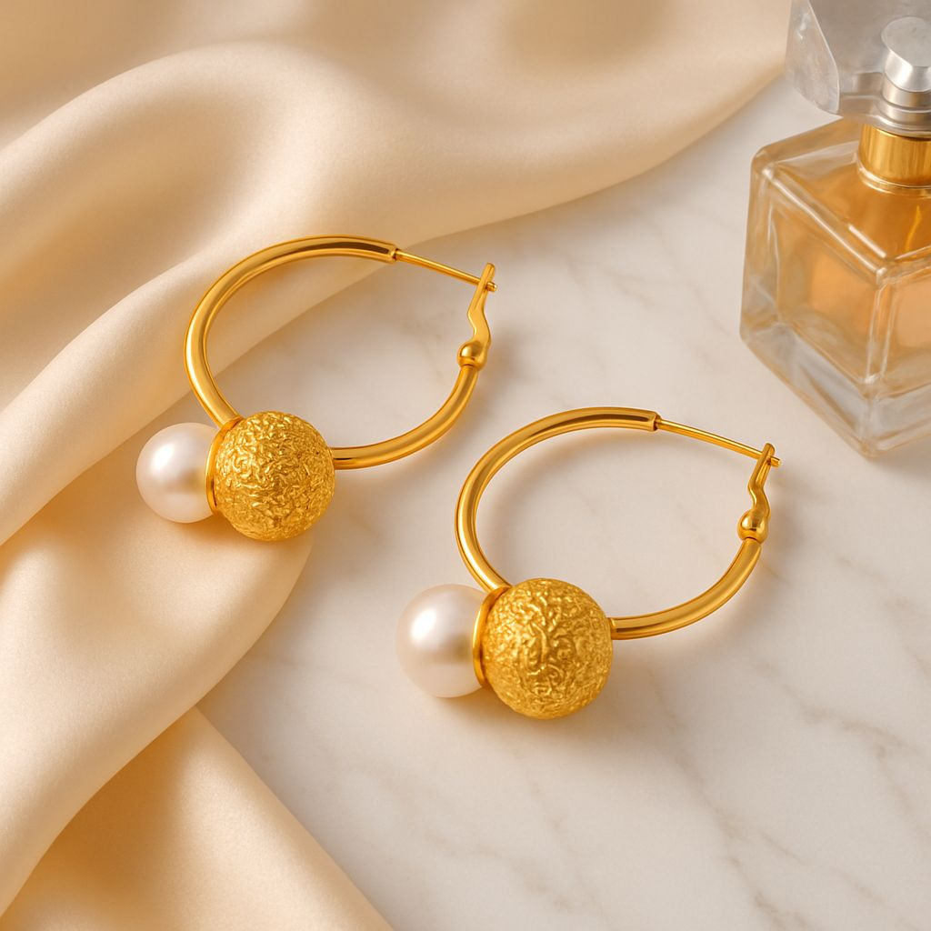 Exquisite Noble Hammer Pattern Ball Splicing Pearl Design Light Luxury Style Earrings — 18K Gold